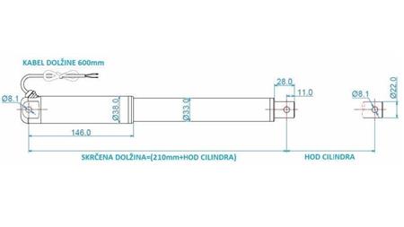 ELEKTRIČNI CILINDER 12V 80kg-12mm/sek HOD 300mm - dimenzije