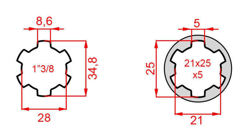 ZAPFWELLENADAPTER VON 21x25x5 (6 VERZAHNUNGEN) AUF 1-3/8 (140 mm)