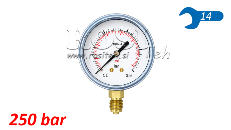 MANOMETER DN63 VERTICAAL 0 - 250 BAR - 1/4