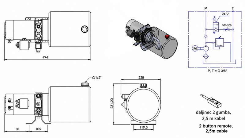 MINI HIDRAULIKUS AGGREGÁTOR 24 V DC - 2,2kW = 2,1cc - 8 lit - egyirányu (fém)