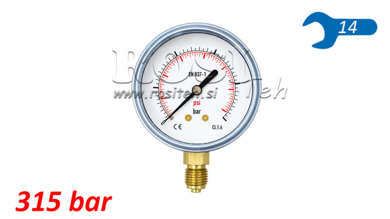 MANOMETER DN63 VERTICAAL 0 - 315 BAR - 1/4