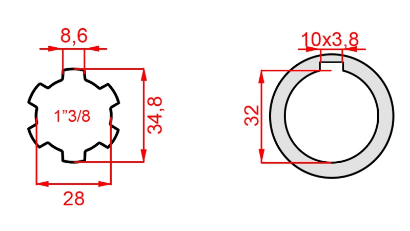 ADAPTADOR CARDÁN 1-3/8 - ORIFICIO fi 32 mm (150 mm)