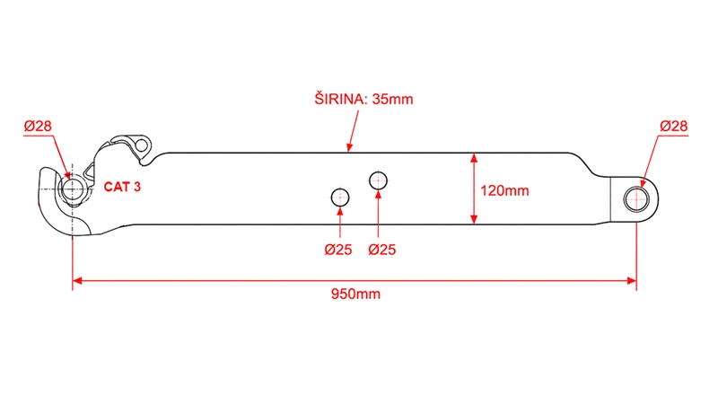 BRAS INFÉRIEURS D'ATTELAGE TROIS POINTS CAT.3 - 120x35 mm - 950 mm (140 HP)