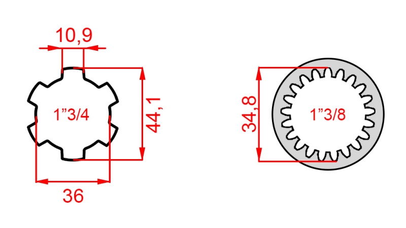 ZAPFWELLENADAPTER VON 1-3/8 (21 VERZAHNUNGEN) AUF 1-3/4 (150 mm)