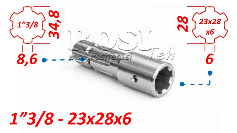 KARDAN ADAPTER VAN 23x28x6 (6 SPLINES) NAAR 1-3/8 (140 mm)