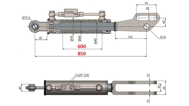 TIRANT LATERAL HIDRAULIC 2T CU FURCĂ 60/40-250 (600MM-850MM)