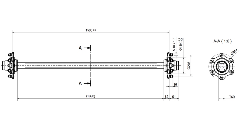 AS VOOR AANHANGER 4800 KG ZONDER REM (1500 MM)