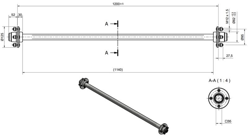 ACHSE FÜR ANHÄNGER 950 kg OHNE BREMSEN ( 1200 mm )