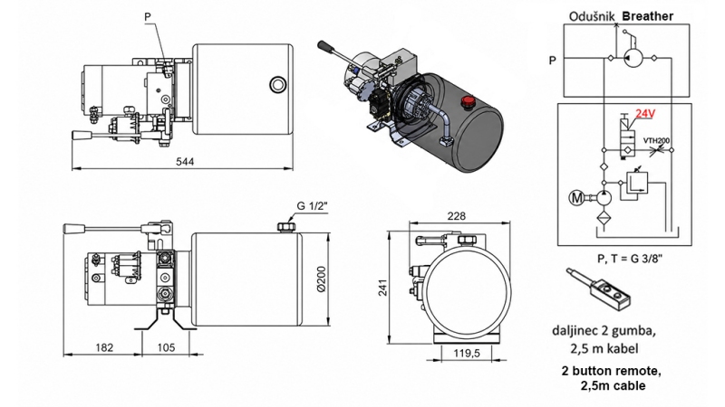 MINI HIDRAULINIS JĖGOS BLOKAS 24V DC - 2.2kW = 2.1cc - 8 litrų - vienfazis įrenginys SU MANUALINE PUMP
