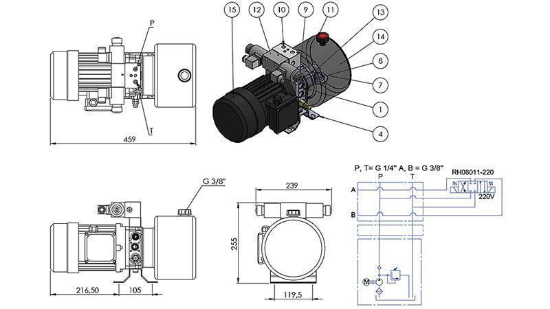 MINI HYDRAULIKUS AGGREGÁTUM 380V AC (0.75 kW) - 3.7 cc - 5.2 lit/min - tartály 4 lit