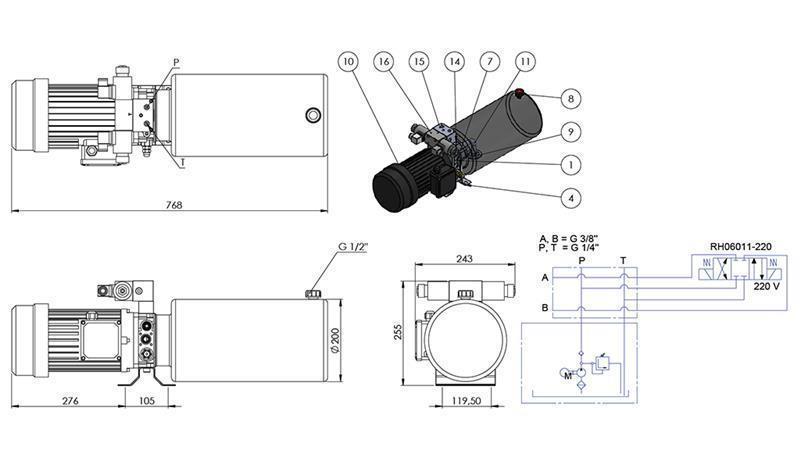 MINI HYDRAULIKUS AGGREGÁTUM 380V AC (2.2 kW) - 8.0 cc - 11.2 lit/min - tartály 12 lit