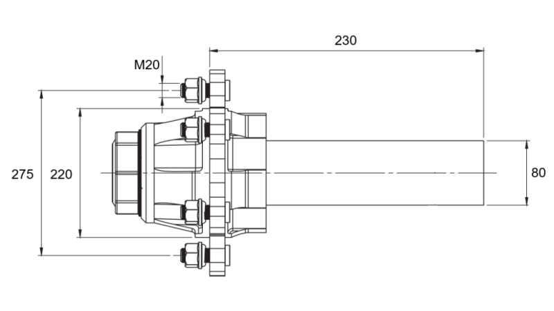 FÉLTENGELY FÉK NÉLKÜL - 5500 kg (8 CSAVAR) - 230 mm