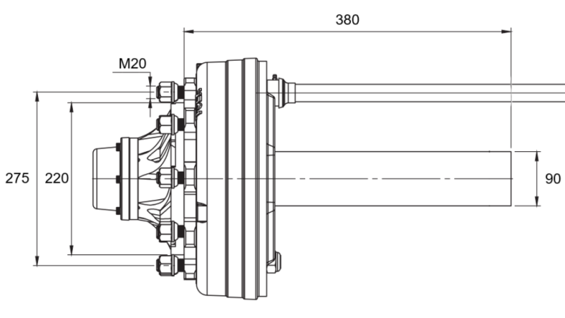 HALBACHSE MIT BREMSEN - 5000 kg (8 SCHRAUBEN) - 380 mm