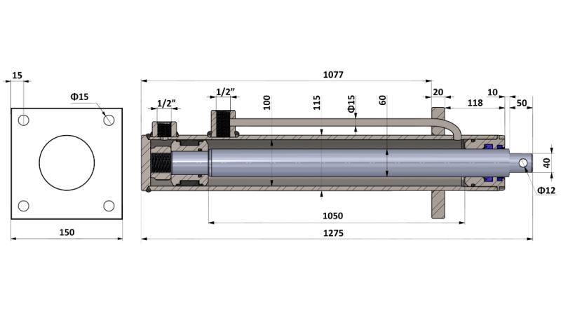 HYDRAULISK CYLINDER MED MONTERINGSPLATTA 100/60-1050 MED RÖR