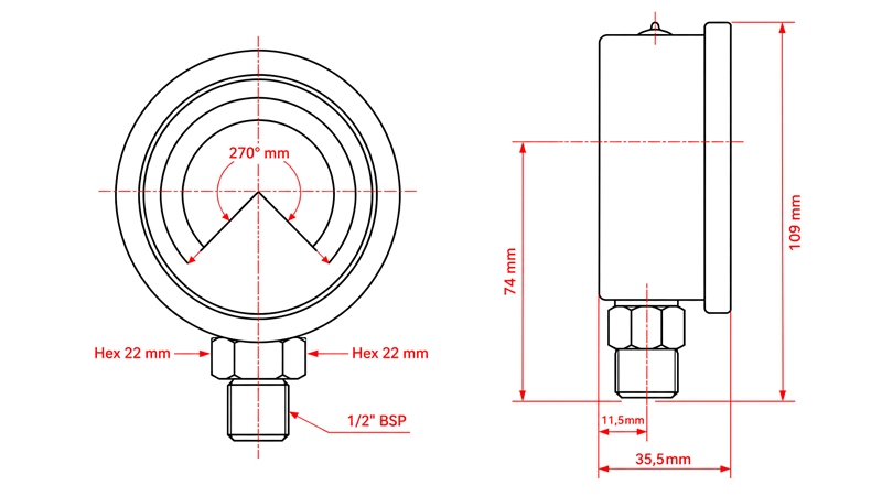 NYOMÁSMÉRŐ DN100 VERTICAL 0 - 16 BAR - 1/2