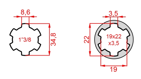 ZAPFWELLENADAPTER VON 19x22x3,5 (10 VERZAHNUNGEN) AUF 1-3/8 (120 mm)