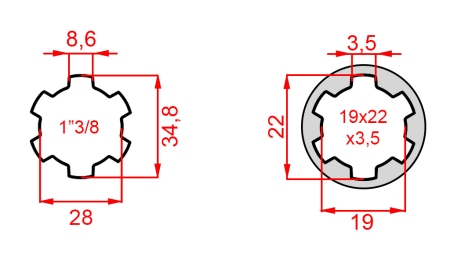 ADATTATORE CARDANICO DA 19x22x3,5 (10 SCANALATURE) A 1-3/8 (120 mm)