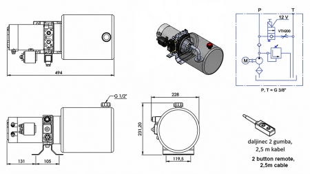 MINI UNITATE DE PUTERE HIDRAULICĂ 12V DC - 1.6kW = 2.1cc - 8 litri - unitate monofazată (metal)