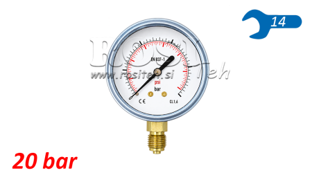 MANOMETER DN63 VERTICAAL 0 - 20 BAR - 1/4