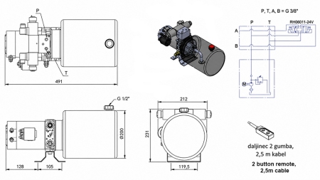 MINI HIDRAULINIS JĖGOS BLOKAS 24V DC - 2.2kW = 2.1cc - 8 lit - dvipusis įrenginys (metalinis)