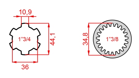 ZAPFWELLENADAPTER VON 1-3/8 (21 VERZAHNUNGEN) AUF 1-3/4 (150 mm)