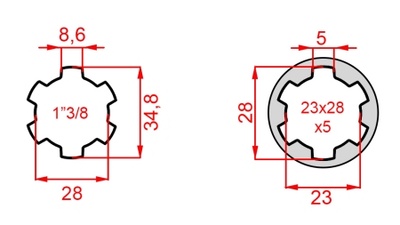 ADAPTADOR CARDÁN DE 23x28x6 (6 ESTRÍAS) A 1-3/8 (140 mm)