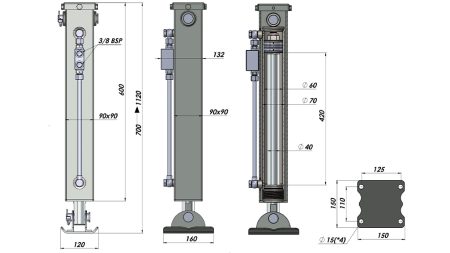 DOUBLE-ACTING HYDRAULIC SUPPORT LEG (90x90x700 mm) - STROKE 420 mm - 2.500 kg