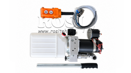 UNITÉ HYDRAULIQUE MINI 12V CC - 0.8KW = 0.5CC - 1.5 LITRES - ASSEMBLAGE À ACTION UNIQUE (PVC) AVEC POMPE MANUELLE