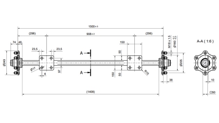 AS VOOR AANHANGER 3300 KG ZONDER REM (1500 MM) MET BEVESTIGINGSPLAAT