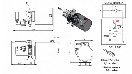 MINI HIDRAULINIS JĖGOS BLOKAS 24V DC - 2.2kW = 2.1cc - 8 litrų - vienfazis įrenginys SU MANUALINE PUMP
