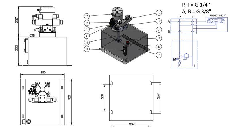 MINI HIDRAULINIS AGREGATAS 12V DC - 1.6kW = 2.1cc - 25 lit - dvipusis surinkimas (metalinis)