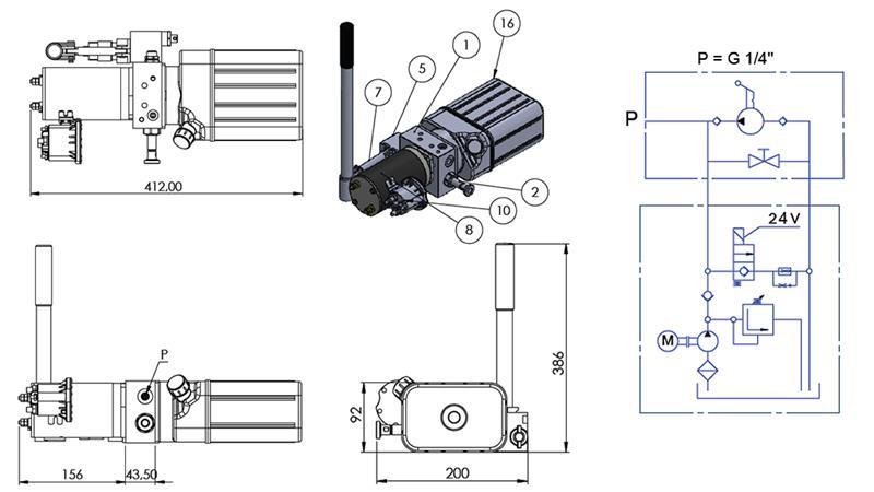 MINI HIDRAULIKUS EGYSÉG 24VDC-0.8KW= 0.5 cc-1.5 lit. egyirányu szerelvény kézi pumpával