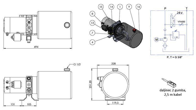 MINI HIDRAULIČKI AGREGAT 24V DC - 2.2kW = 2.1cc - 8 lit - jednosmjerna montaža (metal)