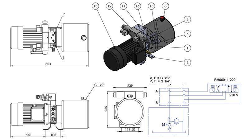 MINI HYDRAULICKÁ JEDNOTKA 380V AC (1,5 kW) - 5,8 cc - 8,2 lit/min - nádrž 6 lit