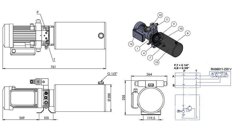 MINI HYDRAULIKAGGREGAT 230V AC (2,2 kW) - 8,0 cc - 11,2 lit/min - tank 12 lit