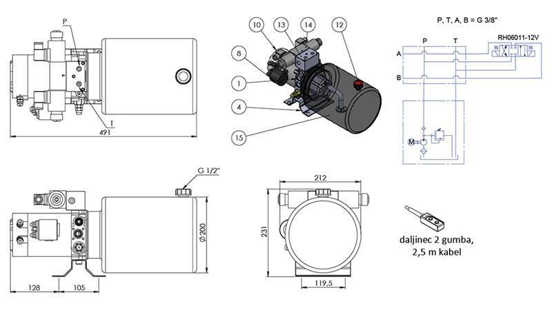 MINI HYDRAULICKÁ JEDNOTKA 12V DC - 1,6kW = 2,1cc - 8 lit - dvojosmerný (kovový)