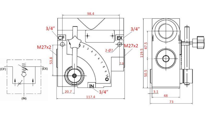 PRIORITETNI VENTIL 3/4 Z SKALO IN VARNOSTNIM VENTILOM 0-110lit, 0-200bar