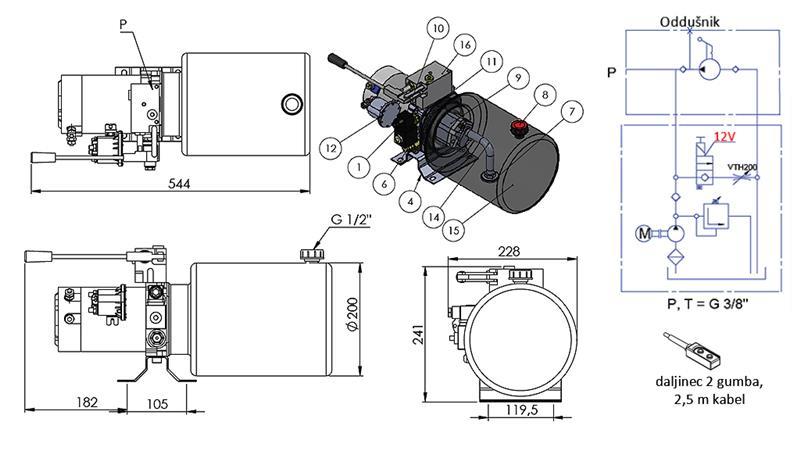 MINI HIDRAULISKAIS AGREGĀTS 12V DC - 1.6kW = 2.1cc - 8 lit - vienvirziena montāža AR ROZETI