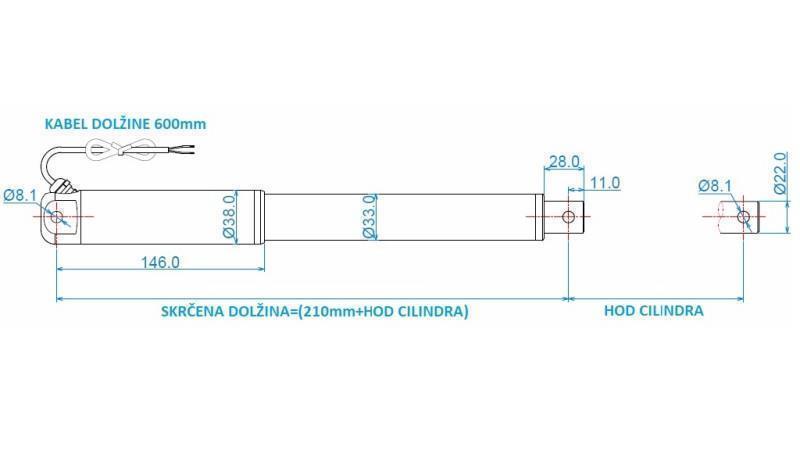 ELEKTRIČNI CILINDER 12V 150kg-5mm/sek HOD 400mm - dimenzije