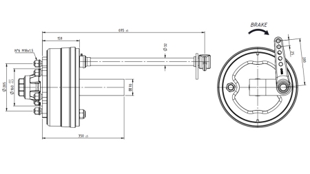 HALF-AXLE WITH BRAKES 3.600 KG L.250 MM