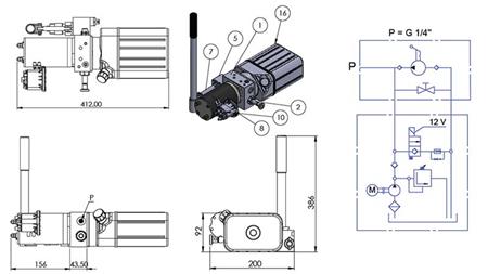 MINI HIDRAULIKUS EGYSÉG 12VDC-0.8KW= 0.5 cc-1.5 lit. egyirányu szerelvény kézi pumpával