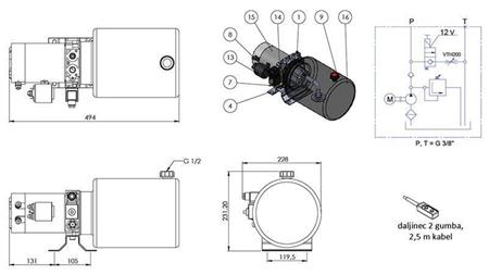 MINI HIDRAULIKUS EGYSÉG 12V DC - 1.6kW = 2.1cc - 8 lit - egyirányú szerelvény (fém)