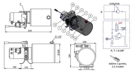 MINI HIDRAULISKAIS AGREGĀTS 12V DC - 1.6kW = 2.1cc - 8 lit - vienvirziena montāža AR ROZETI