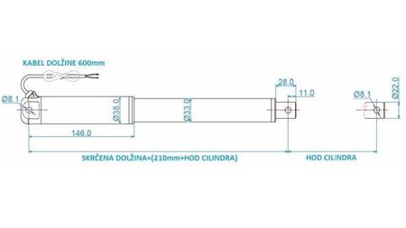 ELEKTRIČNI CILINDAR 12V 80kg-9mm/sek HOD 200mm