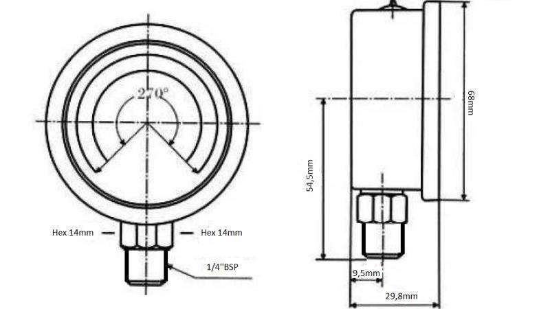 MANOMETER DN63 VERTICAL 0 - 20 BAR - 1/4-dimenzije